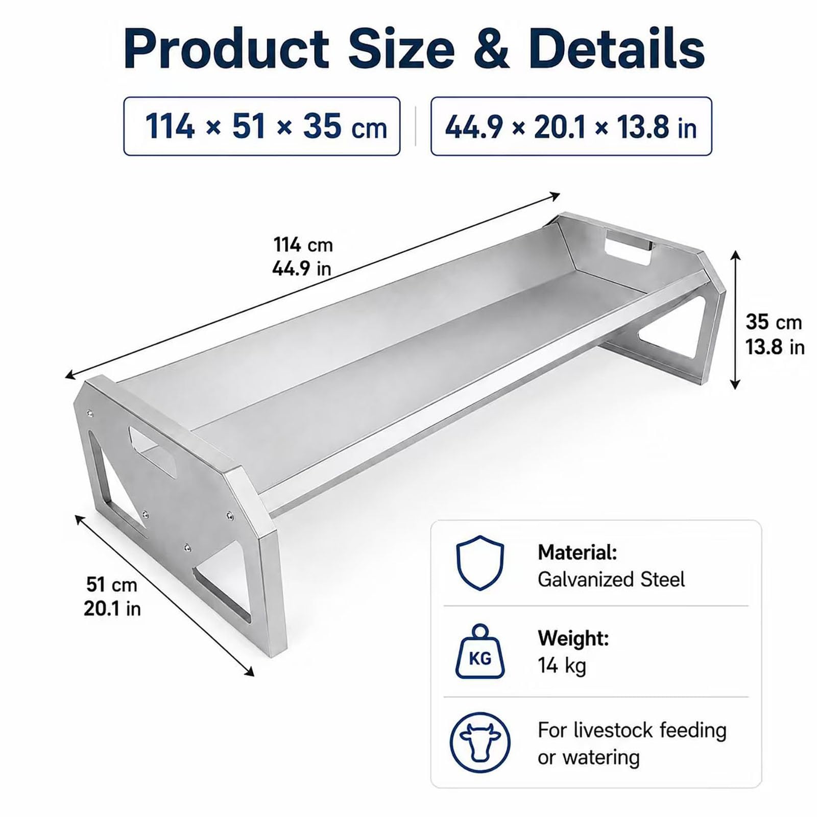 Comedero de acero galvanizado para ganado, 114 cm de largo, resistente, para cabras, terneros, caballos, fácil de limpiar, con capacidad para hasta 10 animales