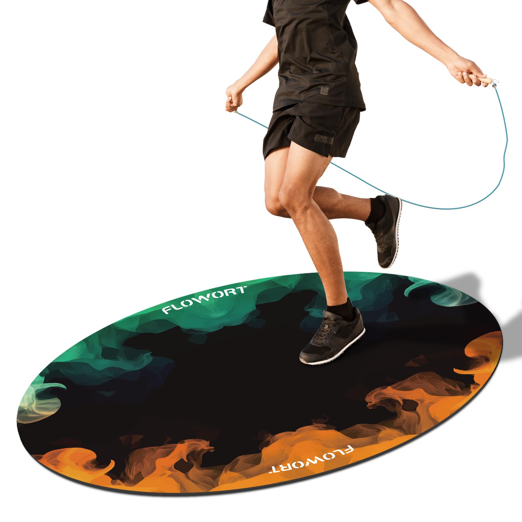 Jump Rope Mat,Large Rubber Exercise Mat Indoor Outdoor, Shock Absorbing，Non-Slip Oval Design for Floor & Rope Protection, Workout Mats for Home Gym Flooring(Green＆Orange)