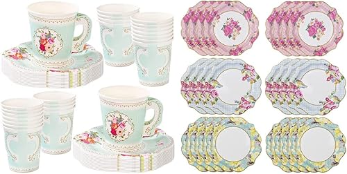 Miniatura 1 de Talking Tables TS6-CUPSET Juego de tazas de té y platillos desechables Truly Scrumptious Party Vintage Floral para fiestas, verde menta y paquete de