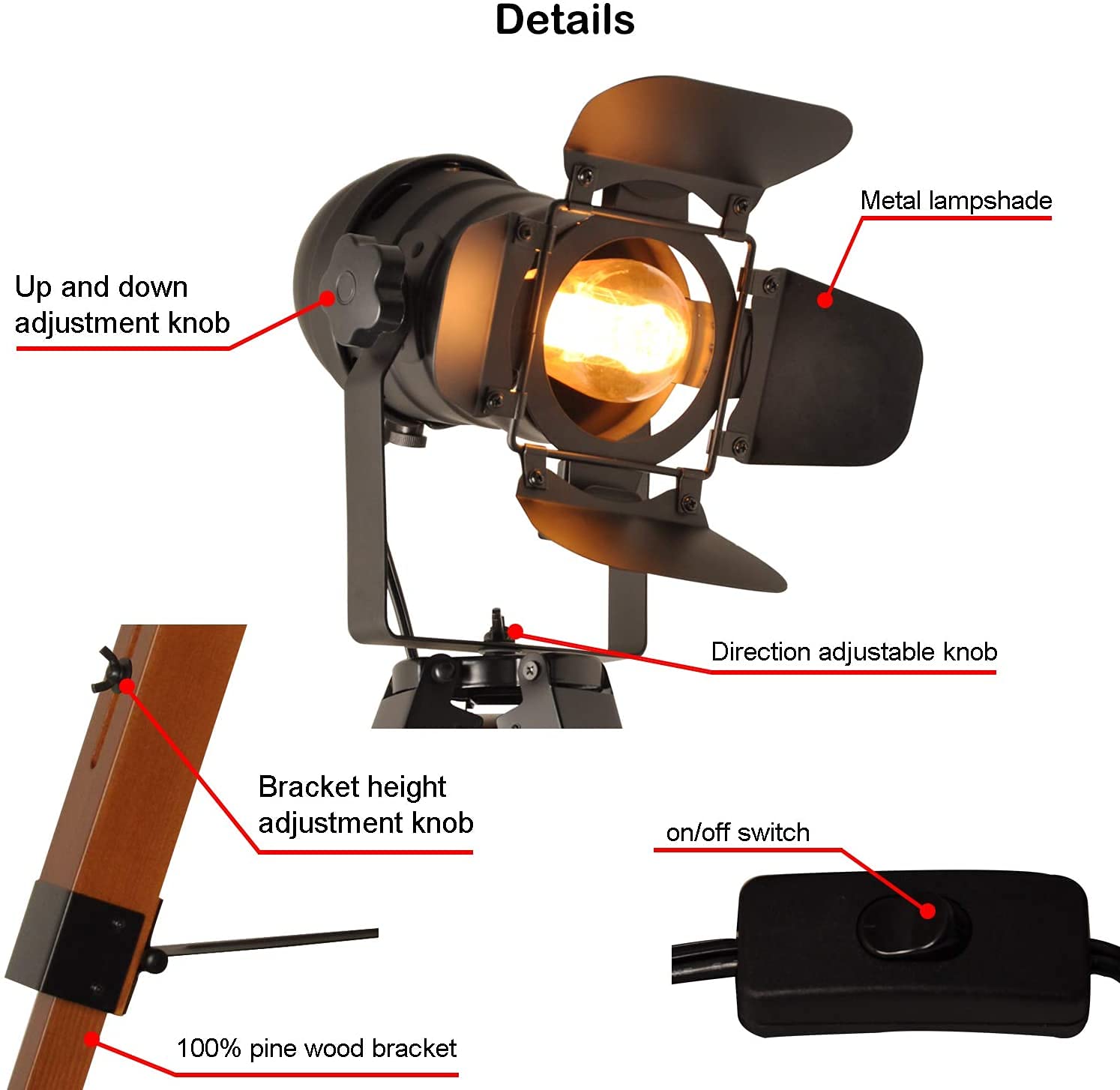SENDERPICK Lámpara de sobremesa ajustable de madera, lámpara de mesa, lámpara de escritorio, lámpara de mesa, negro Retro Trípodes de estilo retro para bar cafetería (Bombilla no incluida)