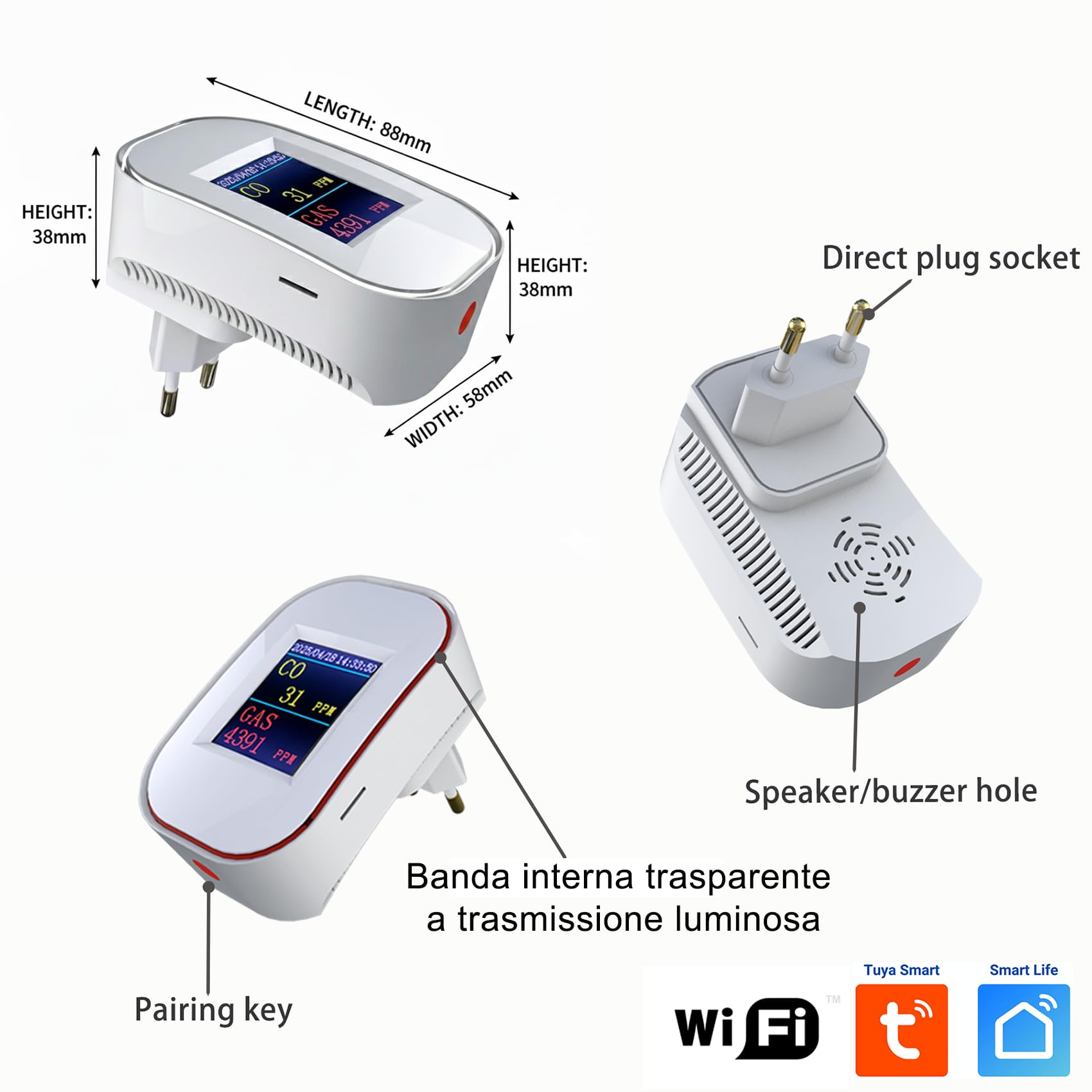 SINOTÉCA Rilevatore Gas e Monossido di Carbonio WiFi, 2 in 1 Metano/GPL/Propano, Display LED PPM, Notifiche App Tuya, Presa a Muro Senza Batteria, EN50291 EN50194, per Casa Cucina Garage Camper