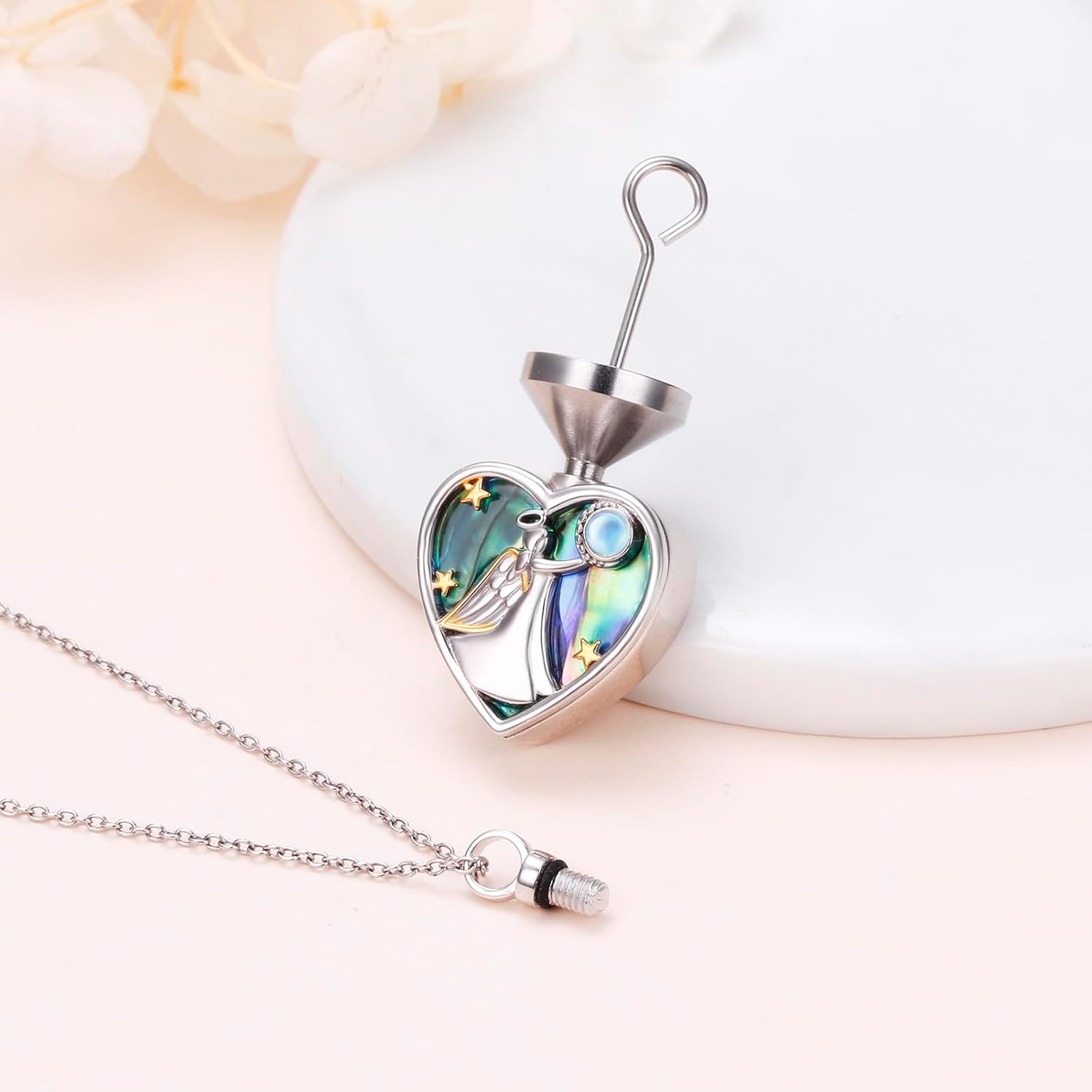 925 Sterling Silver Butterfly Sunflower/Tree of Life/Cross/Hummingbird/Star Moon/Guardian Urn Necklace for Ashes Abalone Shell Keepsake Pendant Necklace Memorial Cremation Jewelry Gifts for Women