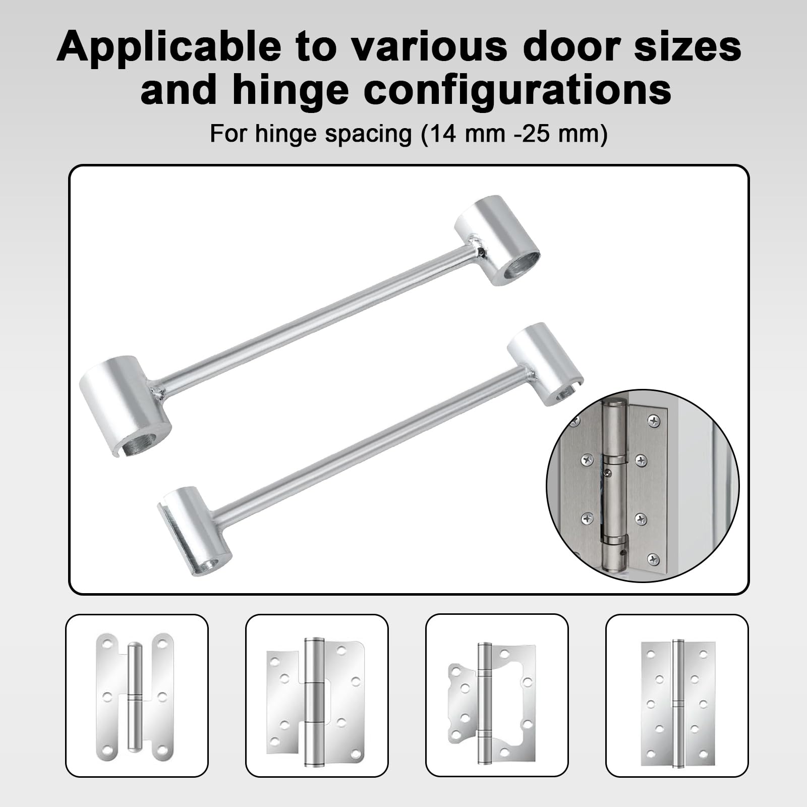 2 piezas de herramienta de ajuste de bisagra de puerta, llave de ajuste de espacio de bisagra de 14-19mm y 23-25mm, herramienta para abrir cerraduras de puertas de seguridad, puertas de sala limpia