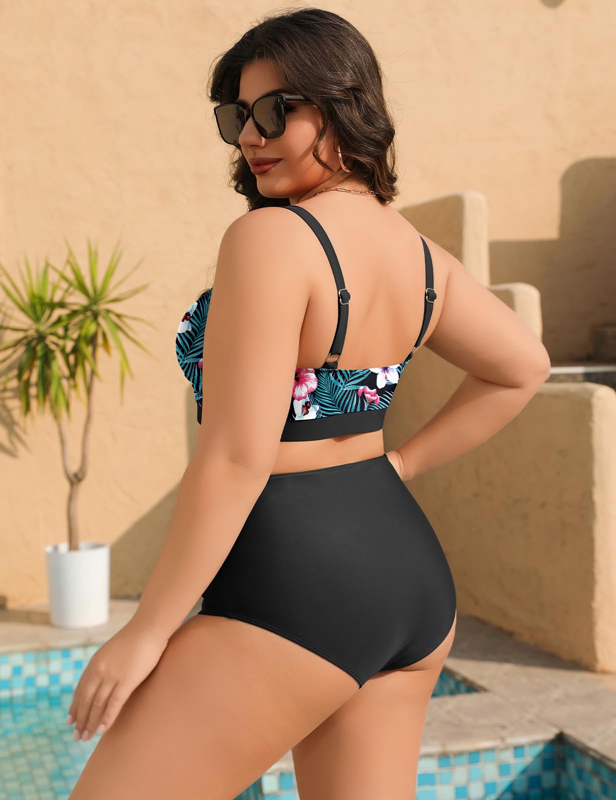 heekpek Maillot de Bain Femme 2 Pieces Grande Taille Bikini Taille Haute Col en V Maillot de Bain Ventre Plat Femme Push Up Rembourré Ensembles Maillots Deux Pièces