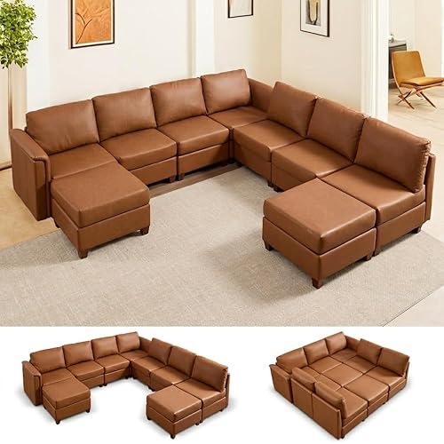 115" Faux Leather Modular Sectional Sofa with Storage, Modern Sectional Couches with Soft Padded Armrests, Waterproof U Shaped Furniture Sets for Living Room, Apartment, Brown