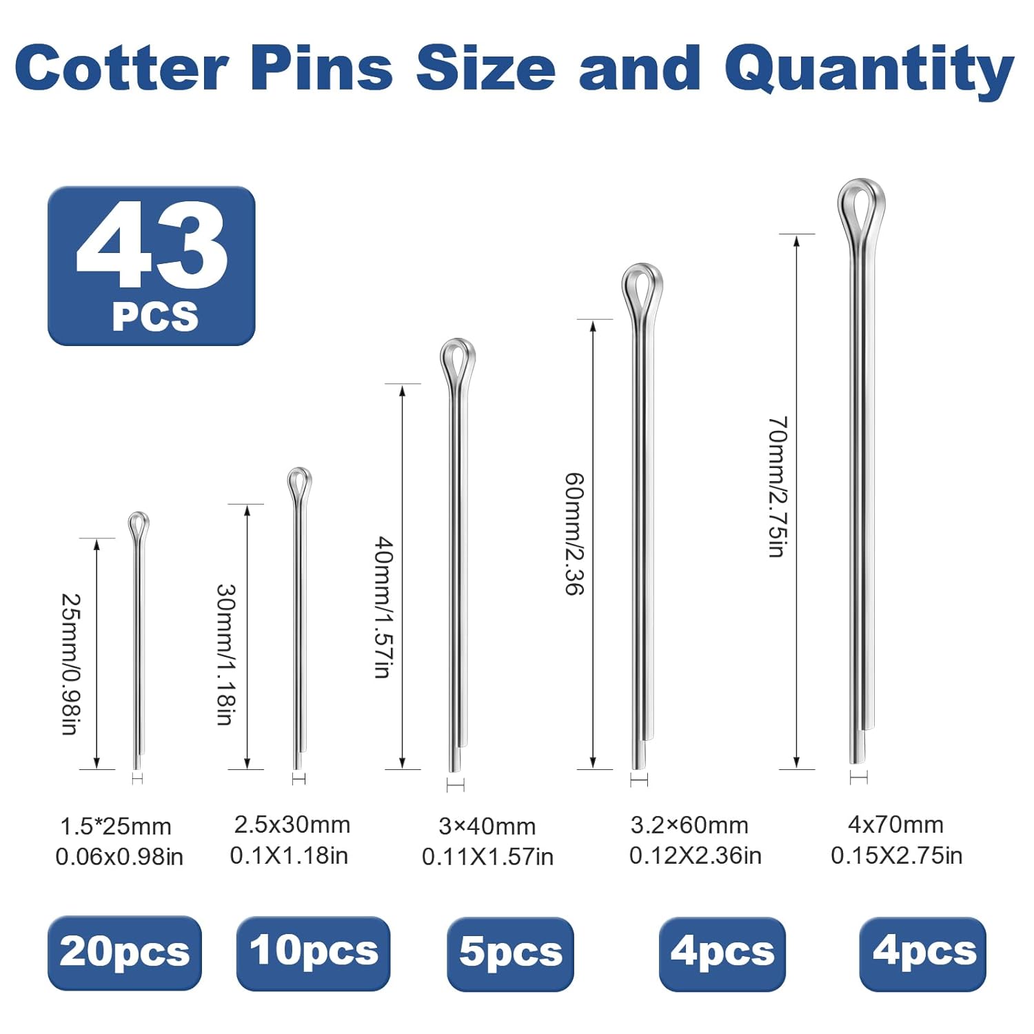 86 PCS Cotter Pin Assortment Kit, 10 Sizes Stainless Steel Cotter Pins & R Clips, Heavy Duty Pin Clips, Lock Pins for Hitch Pin Lock Systems, Lawn Mowers, Tractor