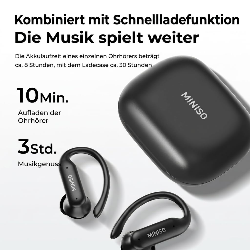 MINISO MS219 Kopfhörer Sport 2026 Neueste, Ohrhörer Bluetooth 6.0 mit Ohrbügel, In Ear Kopfhörer Bluetooth Sport, 48h Akkulaufzeit mit 10-Min-Schnellladung, IPX5 Wasserdicht für Laufen Fitness Arbeit