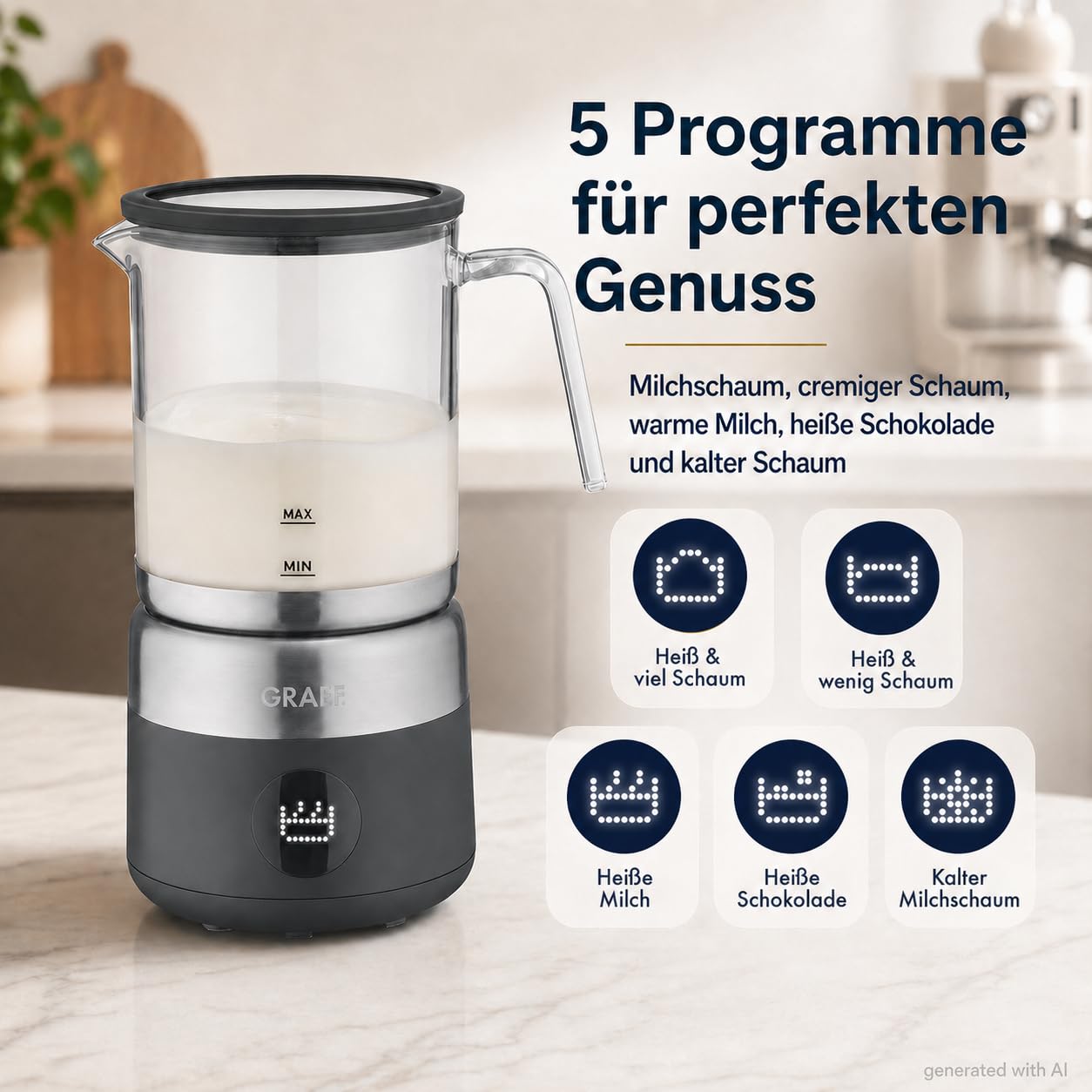 GRAEF MS802EU - Espumador de leche eléctrico, hasta 500 ml de espuma de leche en calidad barista, jarra de cristal extraíble, 5 programas, apagado automático, pantalla táctil, color negro