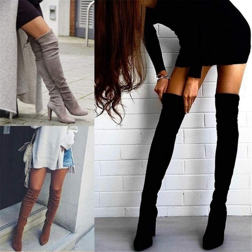 UMore Mujer Elegante Botas Altas Tacón Anchos Botas Muslo Cremallera Botas Altas hasta La Rodilla Talón Grueso Punta Redondeada para Mujer