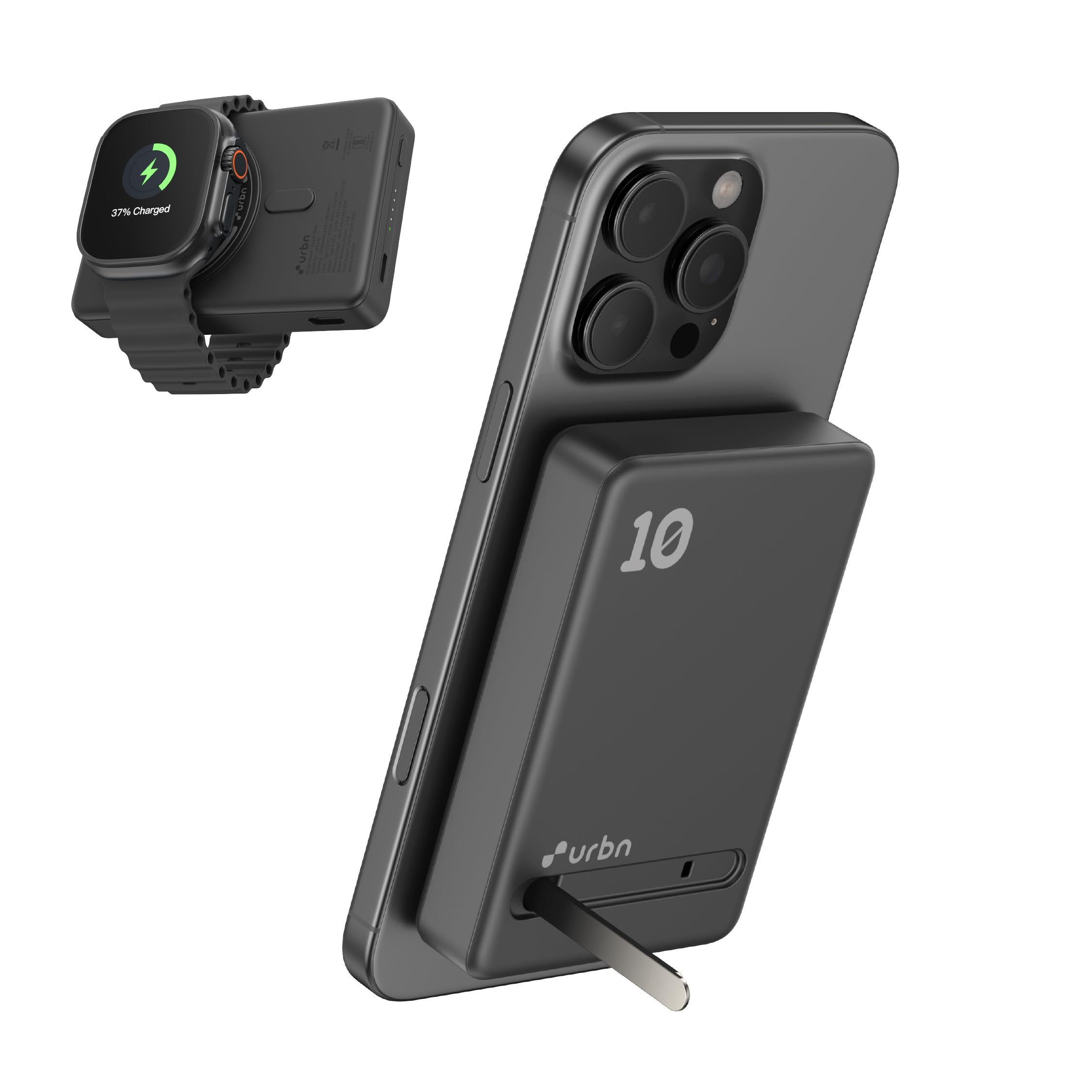 URBN Slide Pro MagSafe 4-in-1 Wireless Power Bank 10000mAh with Kickstand | Designed for iPhone 12+, Apple Watch, AirPods & Qi Devices | MagTag Ring Included (Black)