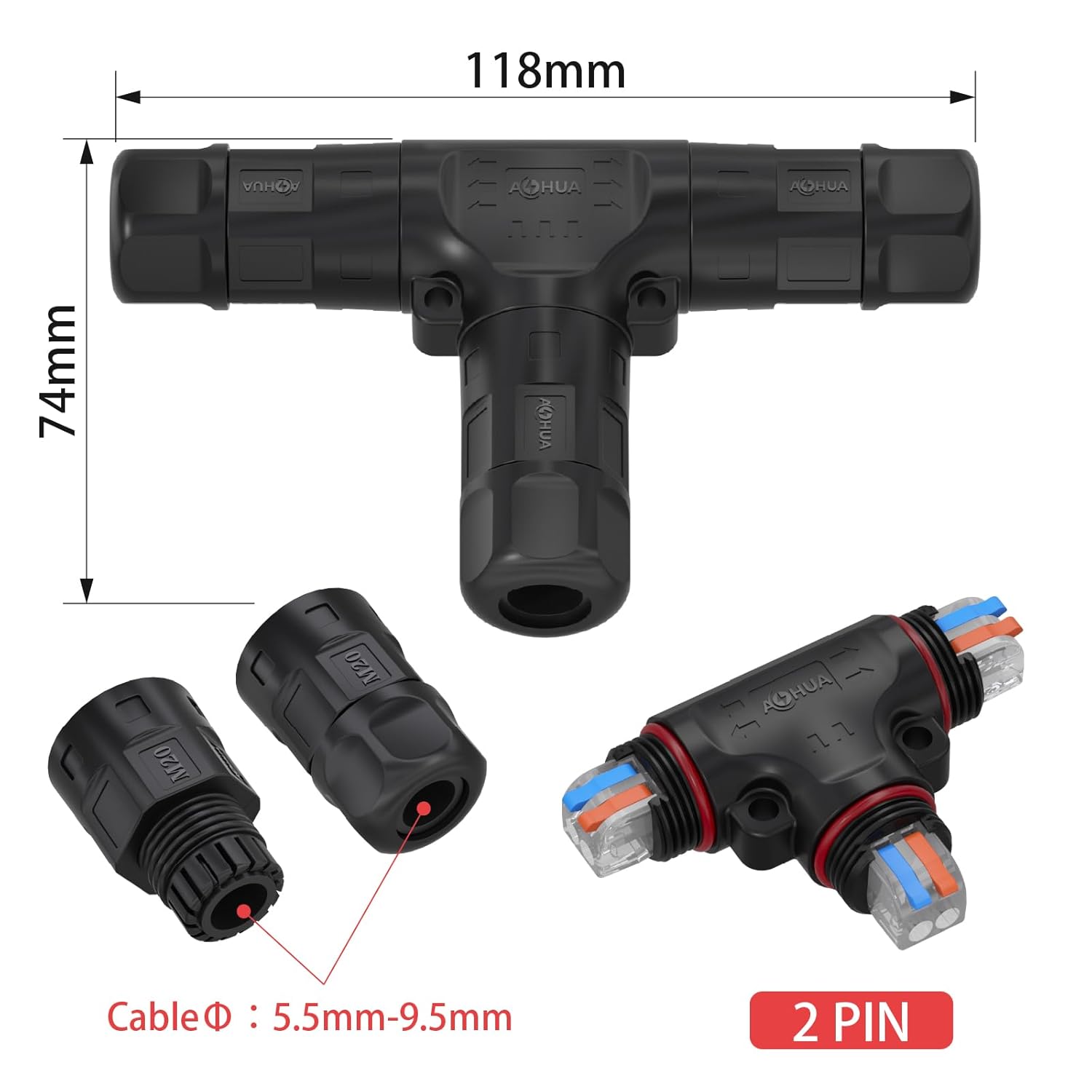 AOHUA Waterproof Connector 3 Way M20 2-Pin IP68 Outdoor Electrical T Type Junction Box, Quick Connect for Ø5-11mm Wires, 250V/25A, Extension Cord Repair Kit for Garden Landscape Lights