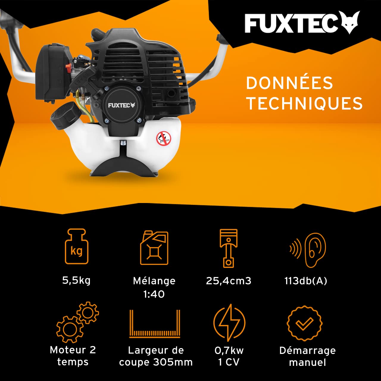 FUXTEC Débroussailleuse Thermique FX-MS125 25,4 cm³ 1 CV 5,5 kg Largeur de Coupe 305 mm