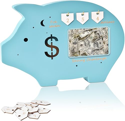 Miniatura 1 de Alcancía para niños con desafío de ahorro de dinero, alcancía para niños y niñas, de madera, grande, para niños, 12 x 8 pulgadas, regalo para niños,