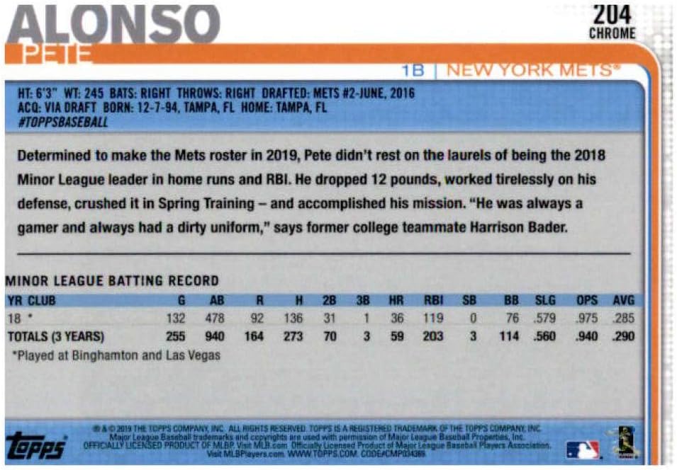 2019 Topps Chrome #204 Pete Alonso New York Mets Rookie Baseball Card: Collectibles & Fine Art