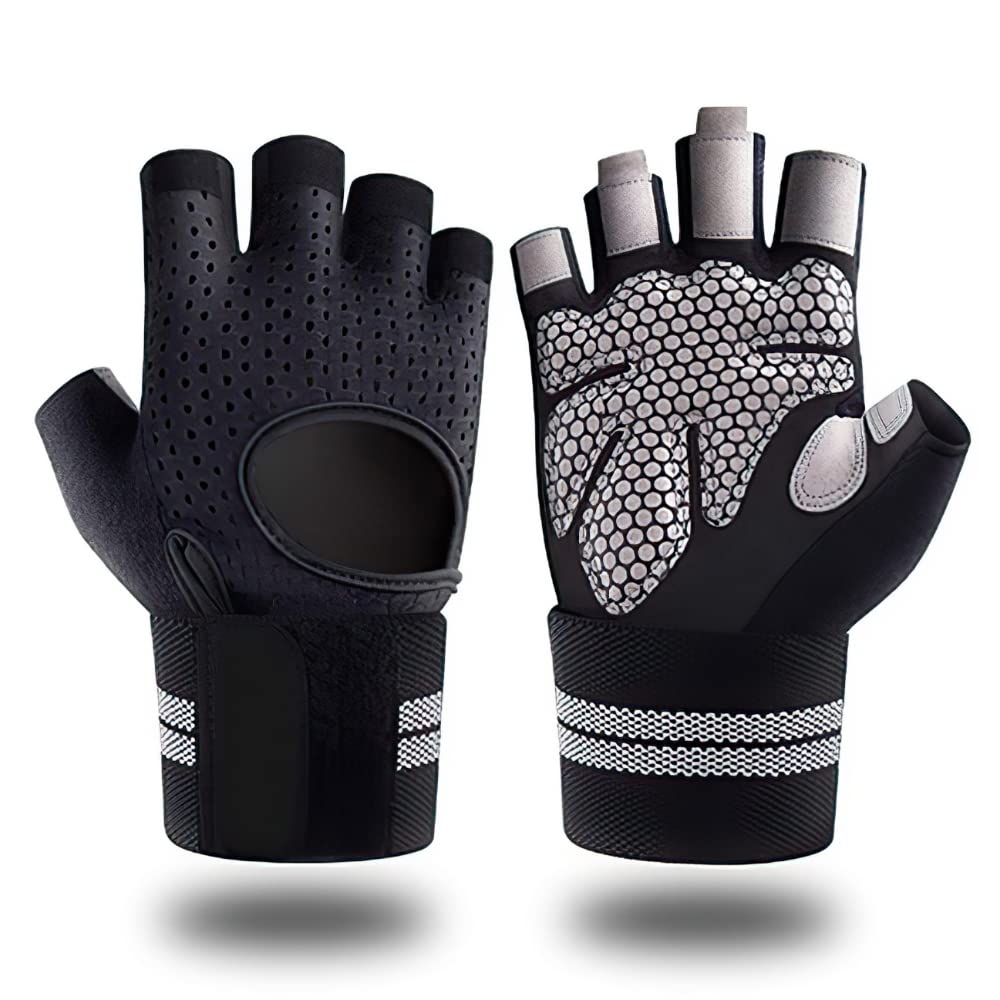 1 par de guantes de entrenamiento sin dedos para hombres y mujeres, guantes de levantamiento de pesas con muñequeras, soporte para entrenamiento en gimnasio, protección completa de la palma, neg