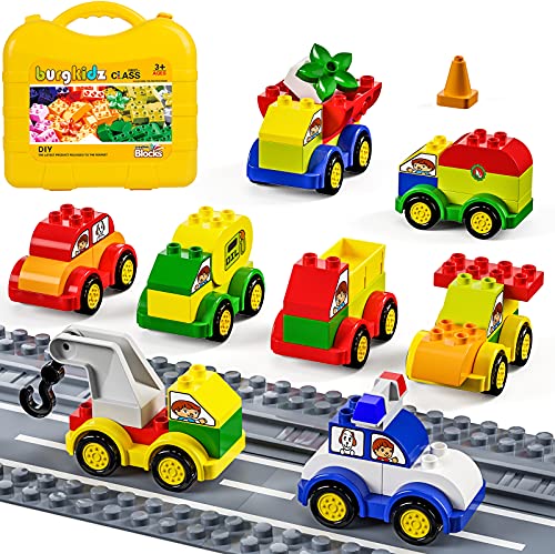 burgkidz 63 Pieces Building Block Toy Cars with Suitcase and 2 Pack Road Baseplate - 8 Different Models Toddler Vehicle Building and Construction Play Gift Set ¡­