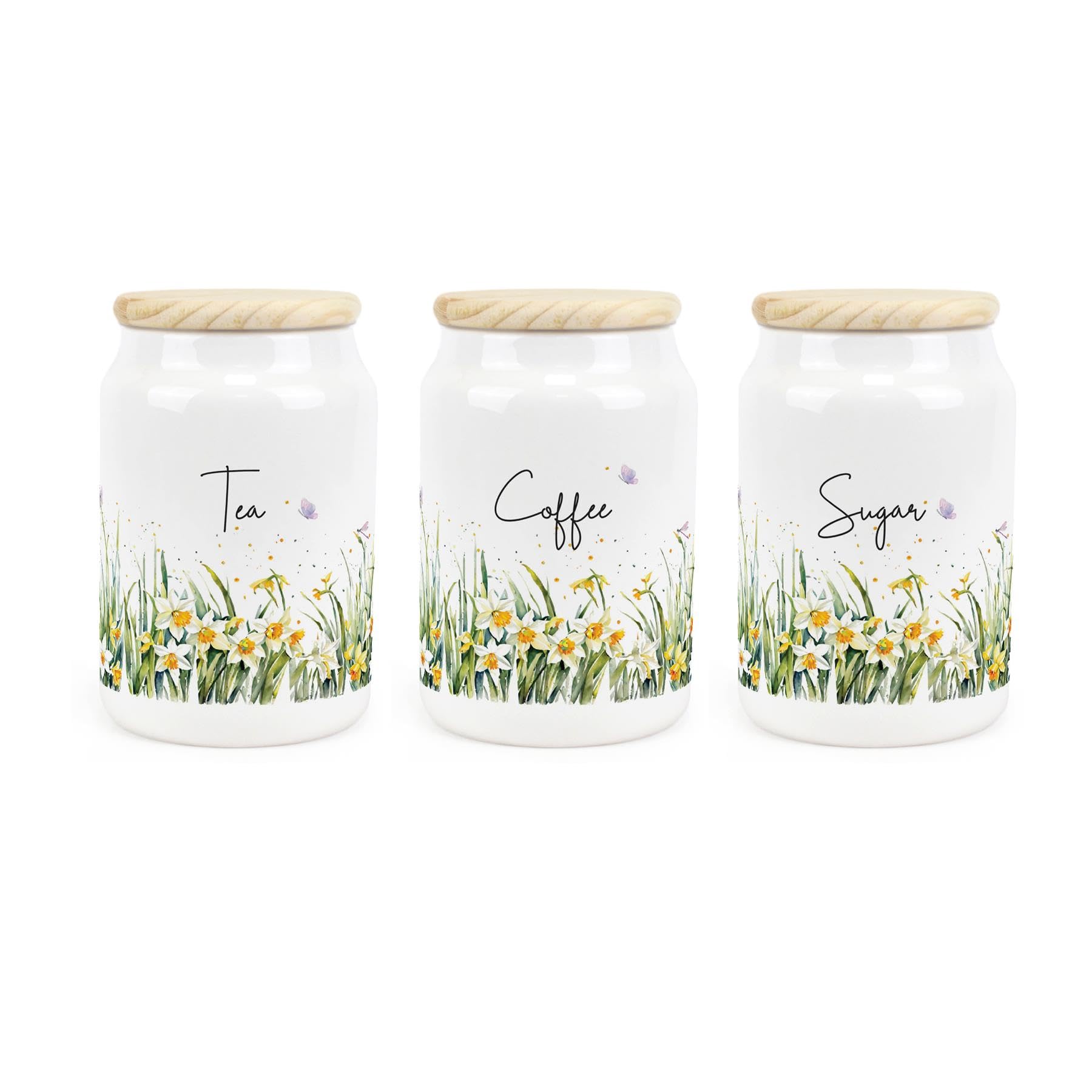 Purely Home White Spring Daffodils Tea Coffee Sugar Canister Set - Ceramic Kitchen Storage Containers With Wooden Lids 600Ml (14.5Cm X 9.5Cm)