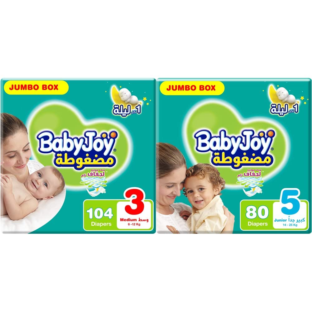 BabyJoy Compressed Diamond Pad, Size 3, Medium, 6-12 kg, Jumbo Box, 104 Diapers & Compressed Diamond Pad, Size 5, Junior, 14-25 kg, Jumbo Box, 80 Diapers