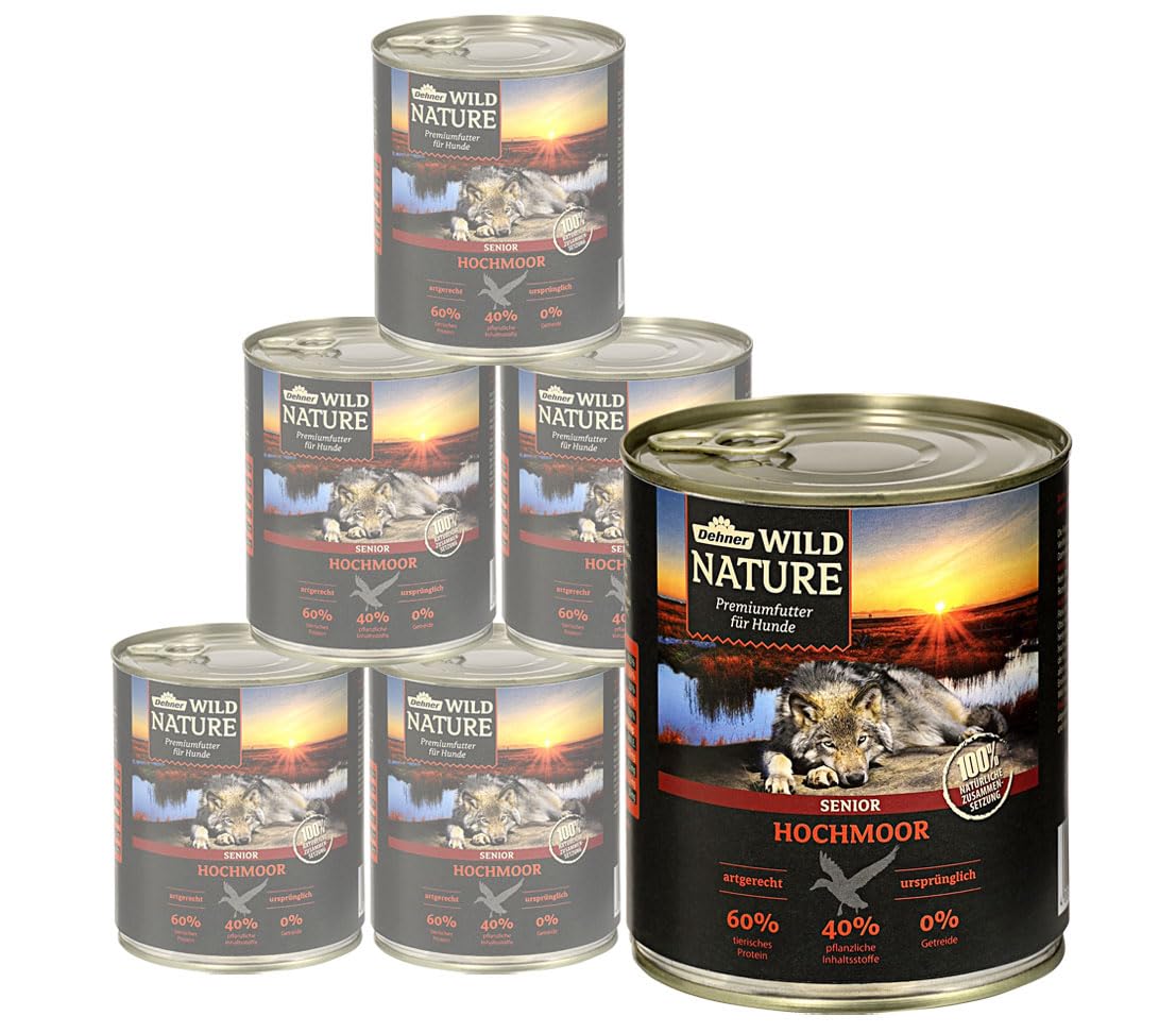 Dehner Wild Nature Hundefutter Hochmoor, Nassfutter getreidefrei / zuckerfrei, für ältere Hunde, Ente, 6 x 800 g Dose (4.8 kg)