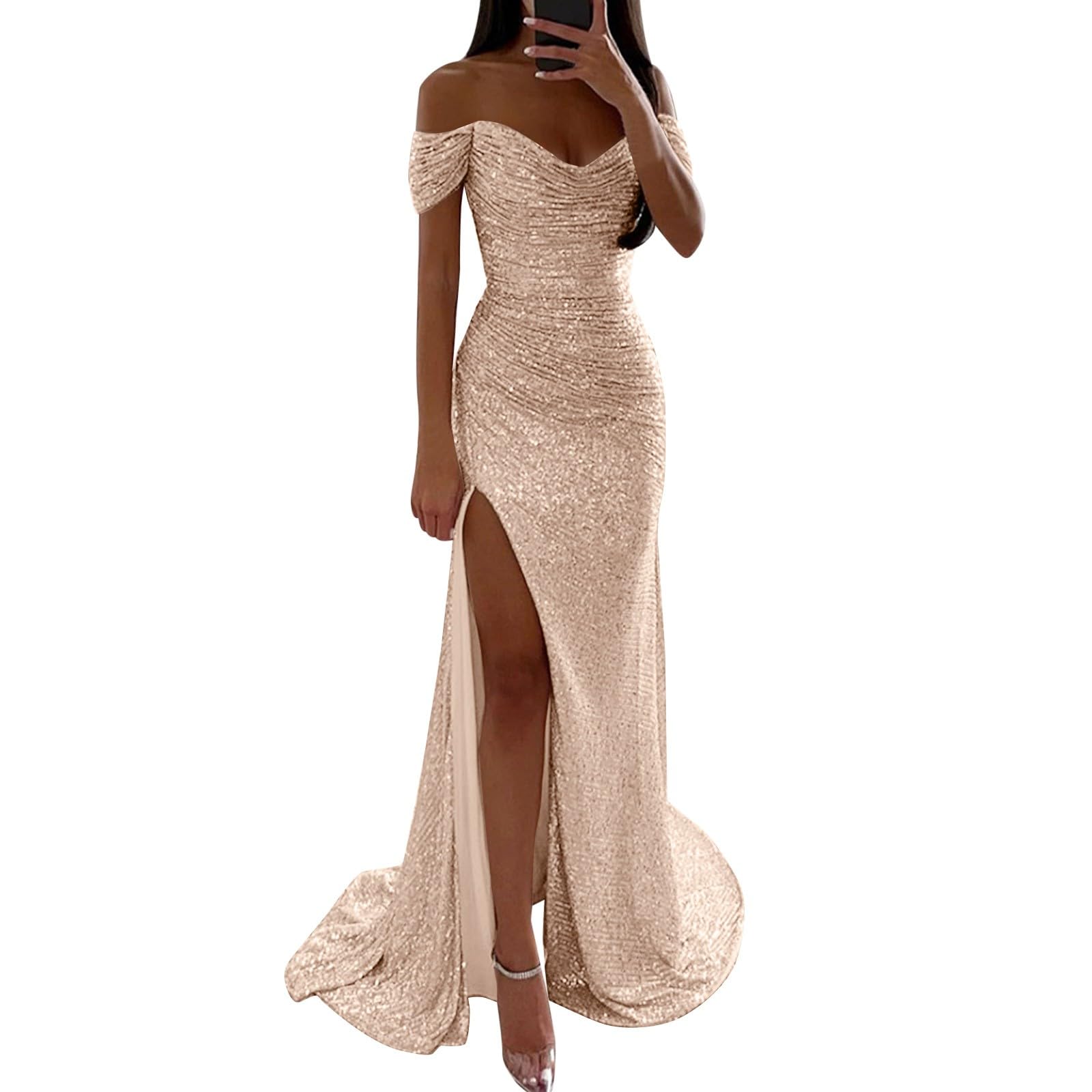 Générique Robe de Soirée Cocktail Élégante Col V à Paillettes Longue Sexy Slim Fendues à Sequins Mode Maxi Dress Robe de Bal Robes de Soirée Robes de Cocktail Paillettes Femme