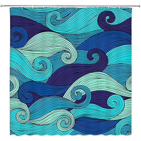 jingjiji Ocean Wave Shower Curtain Abstract Art Stripes Nautical Navy Blue Retro Colorful Surf Turquoise Bathroom Decoration Curtains Polyester Fabric with Hook Green (Blue, 70 X 70 Inch) Cover