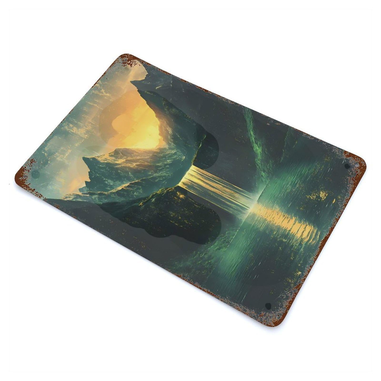 Mountain Waterfall Sunset Aged Metal Wall Plaque 11.8"x7.9", Industrial Home Decor for Pub, Kitchen And Man Cave Decor