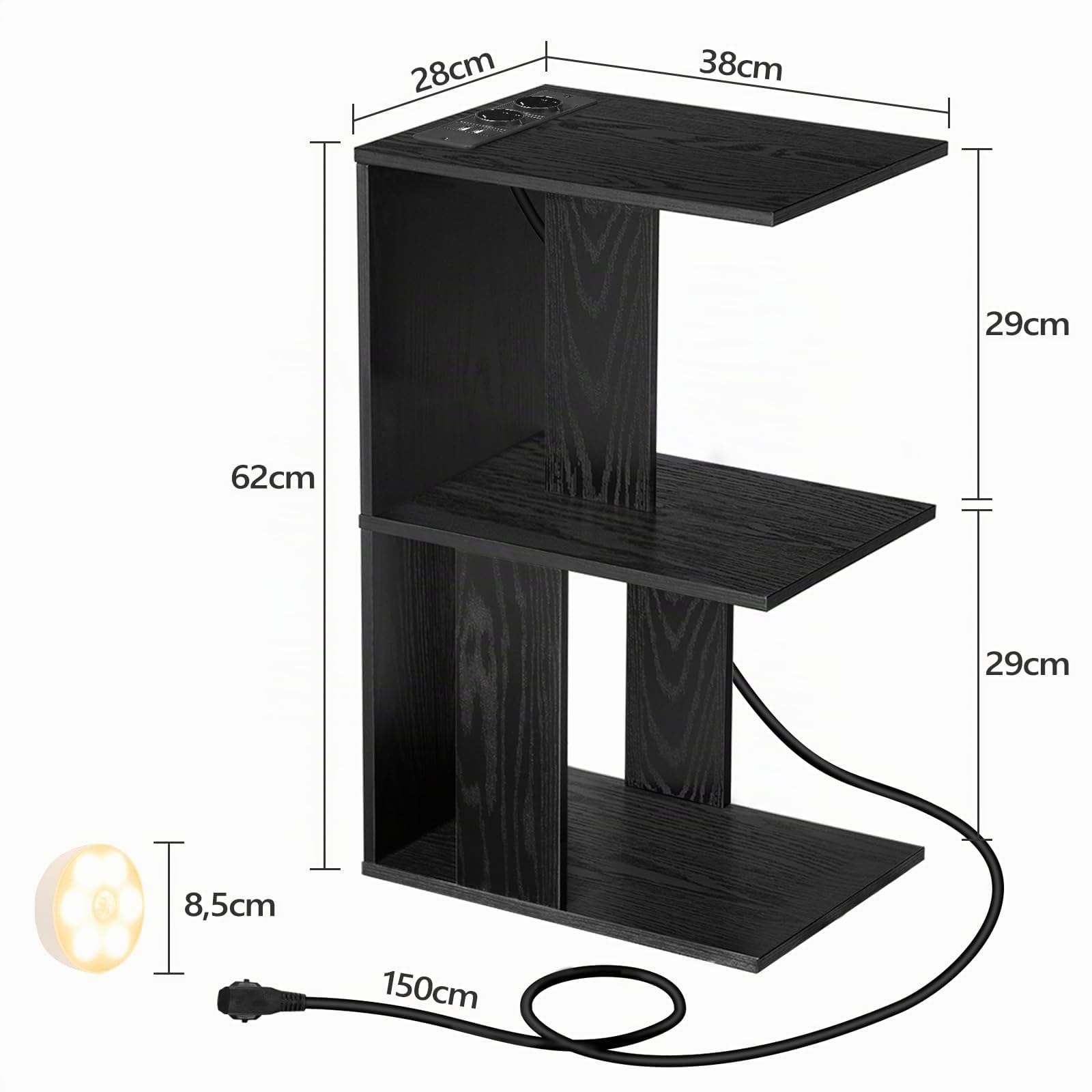 MAHANCRIS Tavolino a Forma di C con Luce a LED a Sensore Ricaricabile, Tavolino da Divano con Ripiano Portaoggetti, Nero, 38 cm x 28 cm x 62 cm