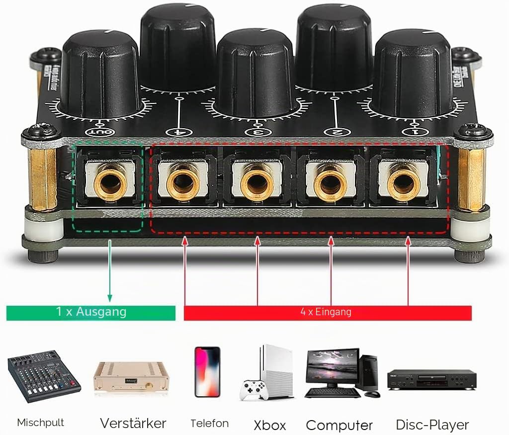 Little Bear MC5 Mini Mischpult, tragbar, 4 Kanäle, Passives Stereo-Audio-Studio-Mischpult, geringer Geräuschpegel, keine Stromversorgung erforderlich (MC5)