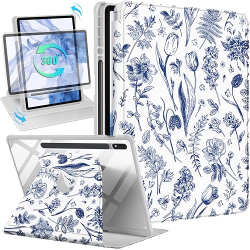 Wazzasoft for Samsung Galaxy Tab S7 Fe/S7 Plus/S8 Plus Case 12.4 Inch Folio Cover Pencil Holder Women Girls Cute Girly Floral Unique Design Rotating Tablet S8 Plus 2022/S7 Plus 2021/S7 FE 5G Cases