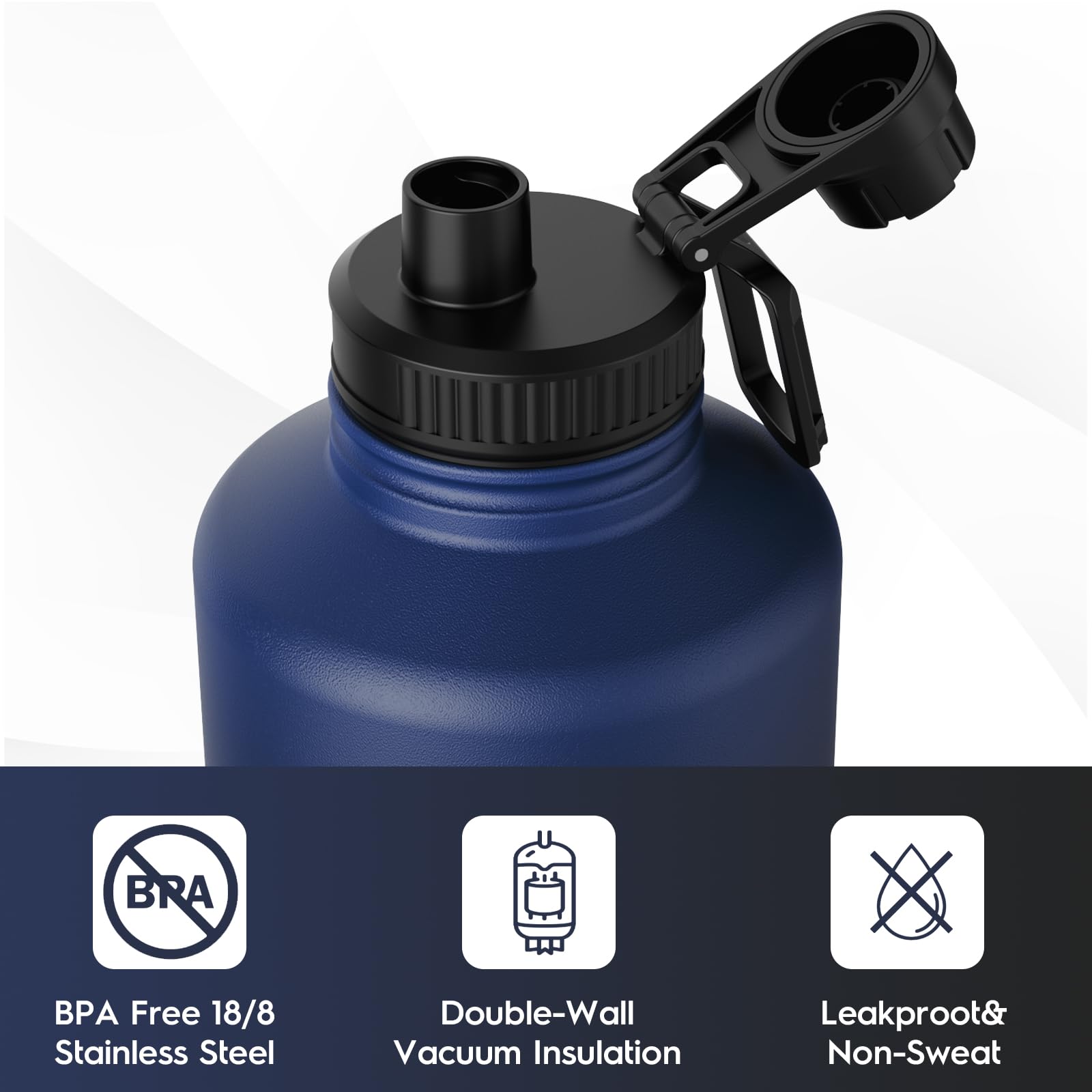 Navigate Isolierte Edelstahl-Wasserflasche, doppelwandig, auslaufsicher, hält 24 Stunden kalt für 12 Stunden heiß, breite Öffnung, Wasserkrug mit Ausguss und Griffdeckel, 1,8 l, Blau bis Schwarz