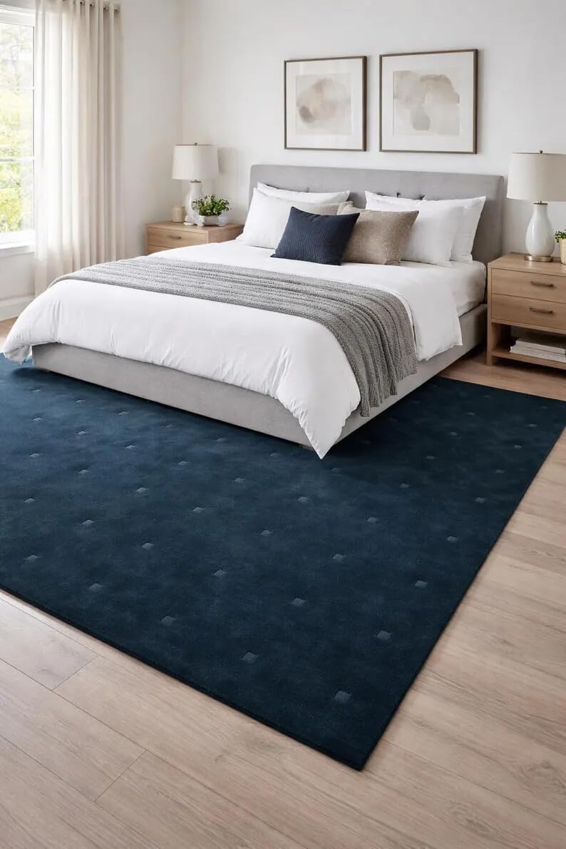 Hand Tufted Deep Teal Wool Area Rug Modern Minimal Grid Pattern Living Room Carpet 7.0x10.0 Blue