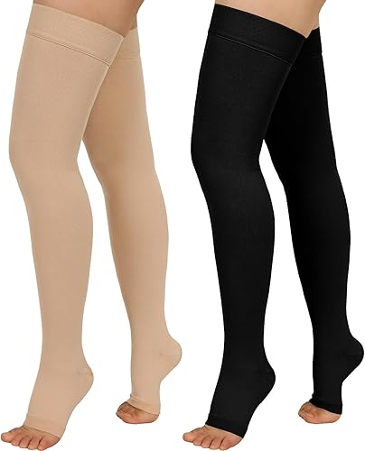 2 pares de medias de compresión para mujeres y hombres, calcetines de compresión de 20 a 30 mmHg, calcetines de compresión médica de punta abierta