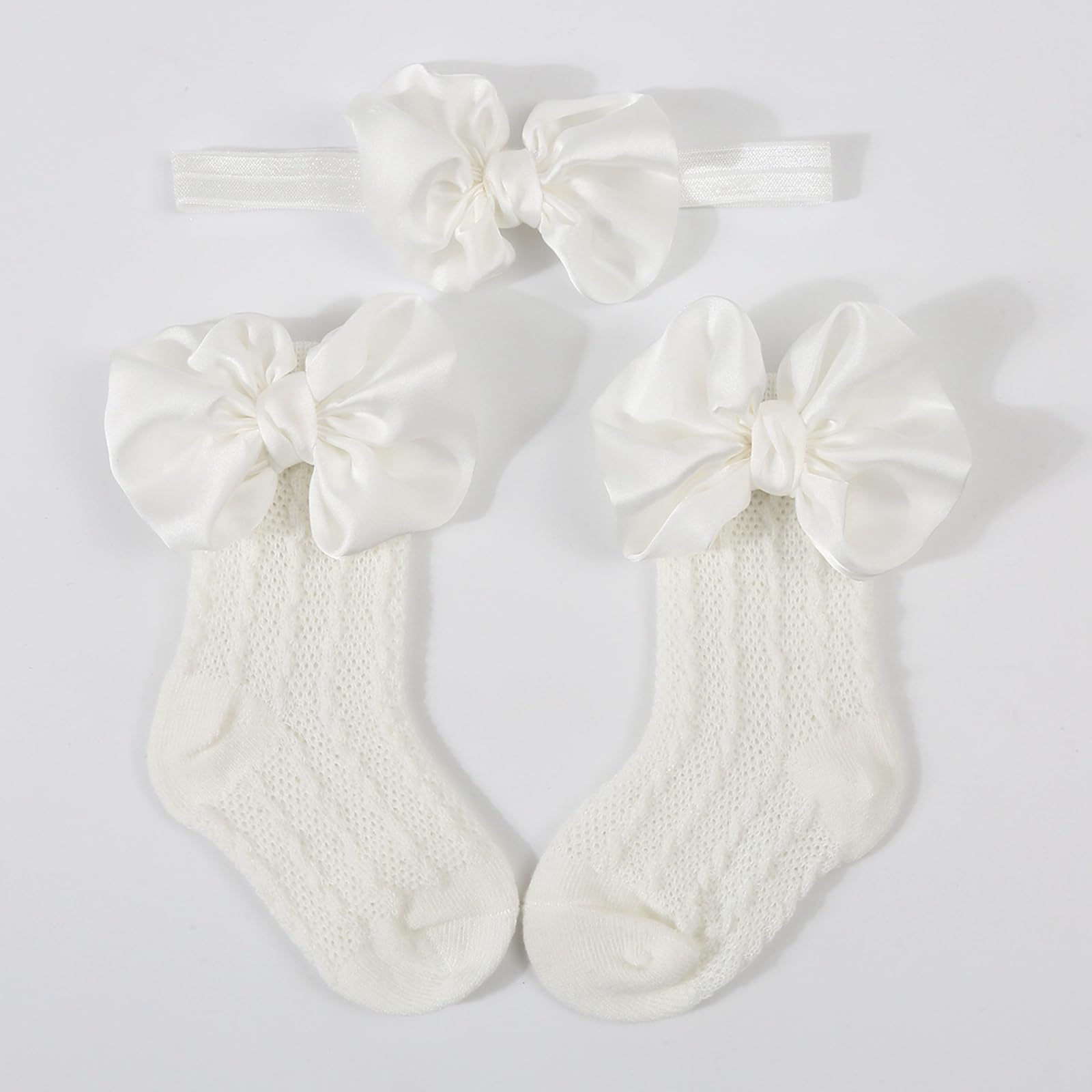 GINEVSAL Baby Girls Dress Socks Cute Bow Princess Socks and Headband Set for Toddler Infant Clothing Accessories (White, 3-12 Months)