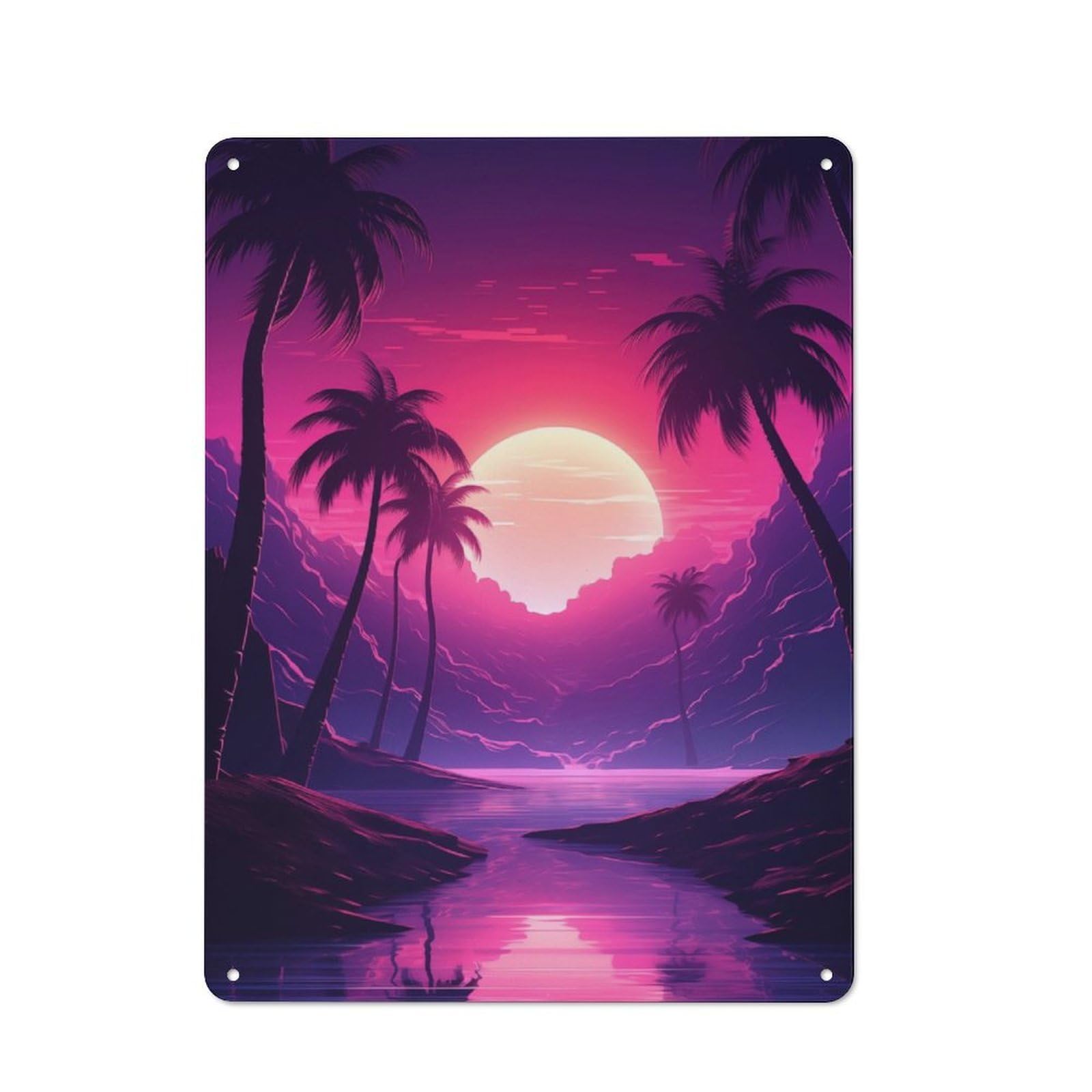Junmoney Synthwave Palms Radiance Rustic Tin Wall Plaque 40X30cm For Home Bar Wall, For Vintage Wall Decor Fans, For Living Room And Hallway Decor