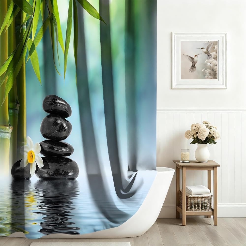 Terme GiardinoTenda da doccia Centro benessere verde bambù nero pietra fiore tenda da bagno Semplice tenda da doccia impermeabile Tessuto impermeabile lavabile in lavatrice 120x200cm