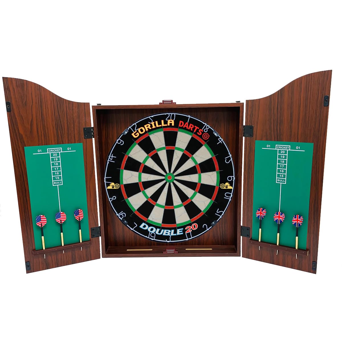 Gorilla Darts Centre Set MDF Walnut Cabinet Set Dartboard inc Darts Package