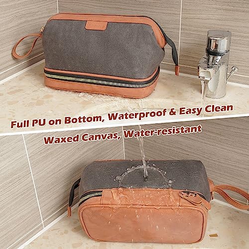 heouvo-Travel-Toiletry-Bag-for-Men-Waxed-Canvas-Leather-Dopp-Kit-Double-Layer-Makeup-Bag-Water-Resistant-for-Cosmetics-Toiletries-Shaving-Kit-Bathroom-Traveling-Essentials-Large-Capacity-Gray
