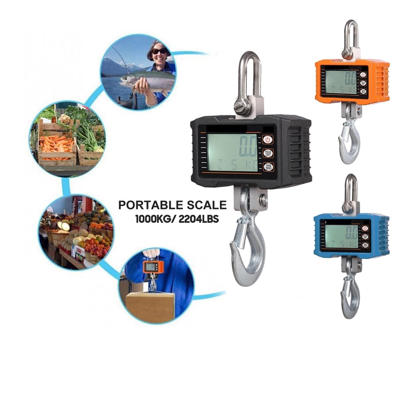 Bilancia sospesa digitale 1000kg/ 2204lbs for gru portatile for impieghi gravosi Retroilluminazione LCD Bilance industriali a gancio Cambio unità/Blocco dati,Multifunzione(Noir)