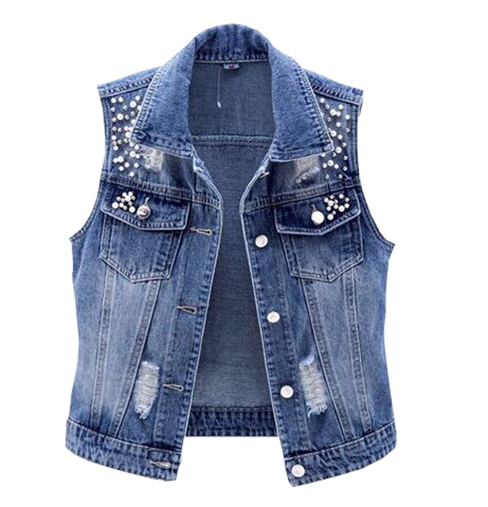 MYtodo Womens Denim Vest Beading Pearls waistcoat ripped sleeveless jacket Coat