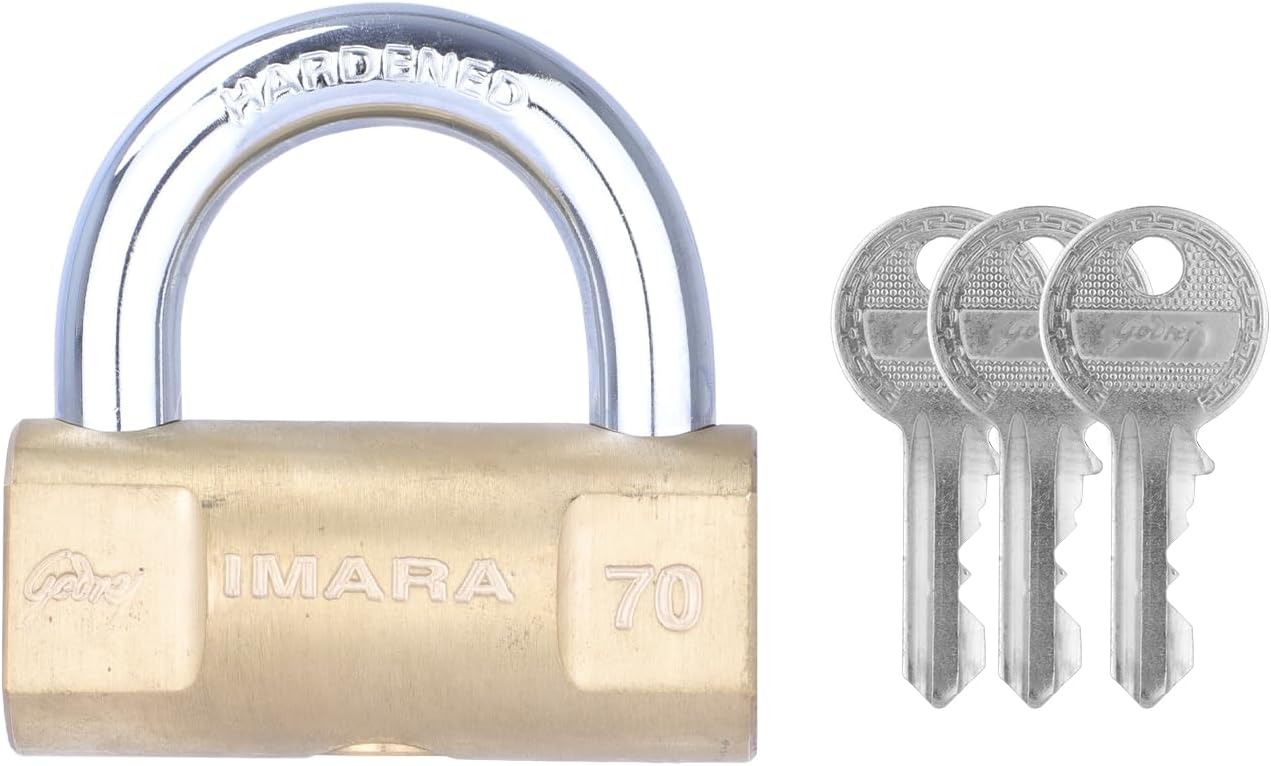 Godrej Locking Solutions and Systems 70 mm Imara Padlock with 3 Keys, Brass Finsih Lock for Shutters, Grills & Main Doors (Gold, Pack of 1)