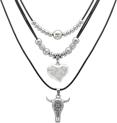 2 Pcs Western Cowgirl Necklaces for Women Boho Heart Beads Layered Choker Necklaces Rodeo Bull Head Necklace Faux Leather Rope Boho Jewelry Country Concert Western Outfits for Men Women