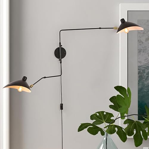 Moderna lámpara de pared con brazo oscilante de 2 luces, apliques de pared industriales ajustables para dormitorio, lámpara de pared retro