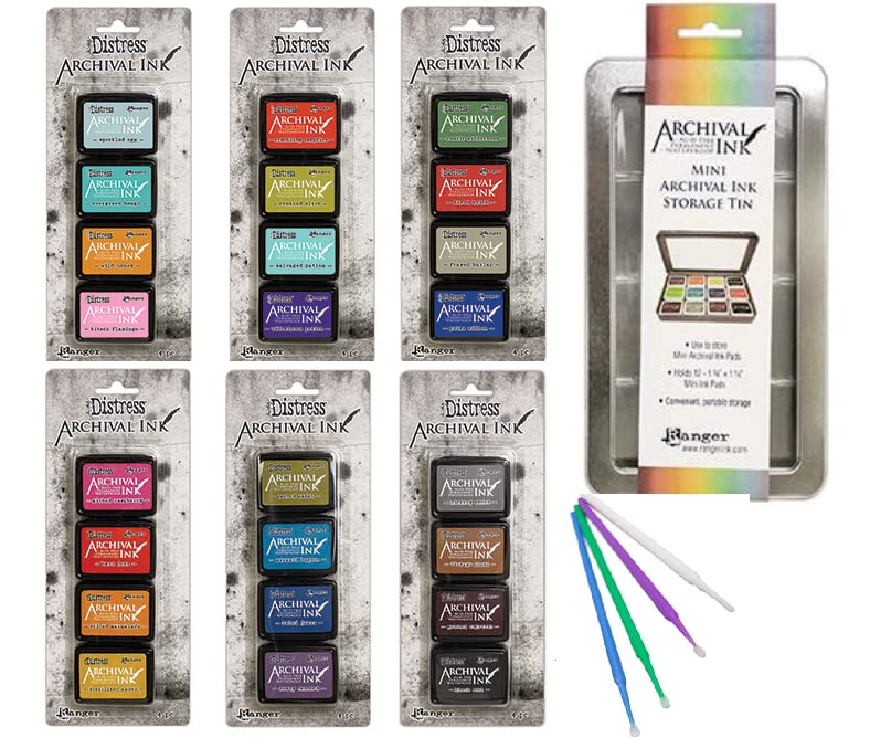 Ranger Tim Holtz Distress Archival Mini Ink Complete Bundle - Including Sets 1, 2, 3, 4, 5, and 6 and Storage Tin - with Trebbies Detail Sticks