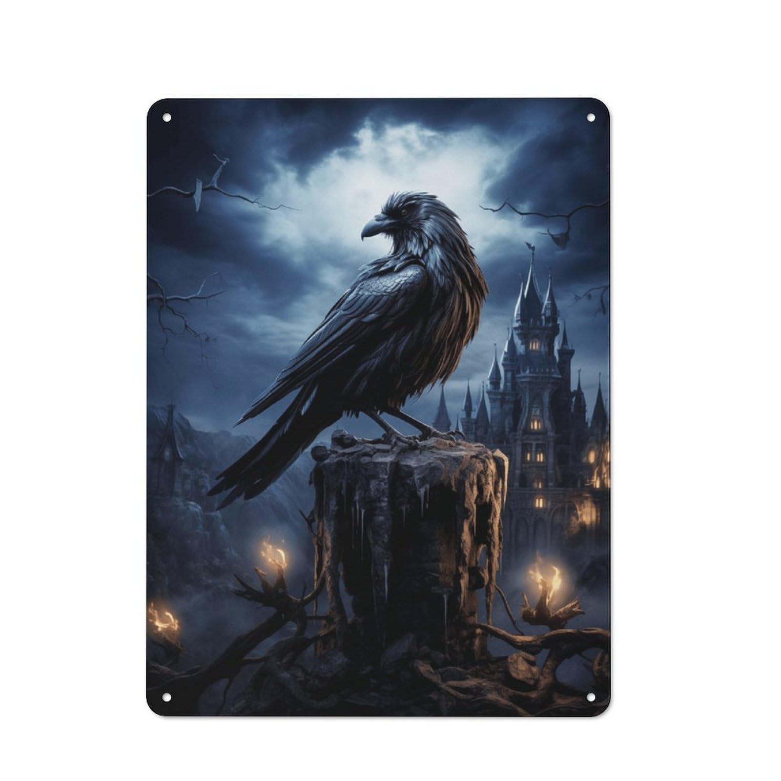 Junmoney Style-3 Dark Fantasy Raven Castle Art Print Rustic Tin Wall Plaque 40X30cm For Guest Room Or Hallway, For Garage, Workshop And Man Cave Decoration