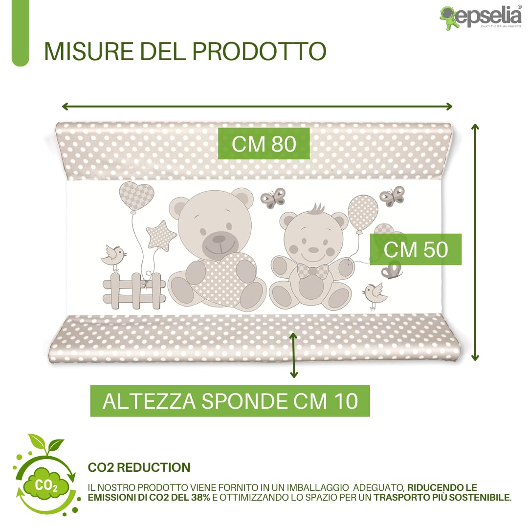 EPSELIA Materassino Fasciatoio in PVC, tasca di fissaggio Atossico a Norma Europea EN71, Test Anti-ribaltamento a Norma Europea EN 12221-1/2, cm 80x50 H10 Facile Manutenzione, Impermeabile, Tortora