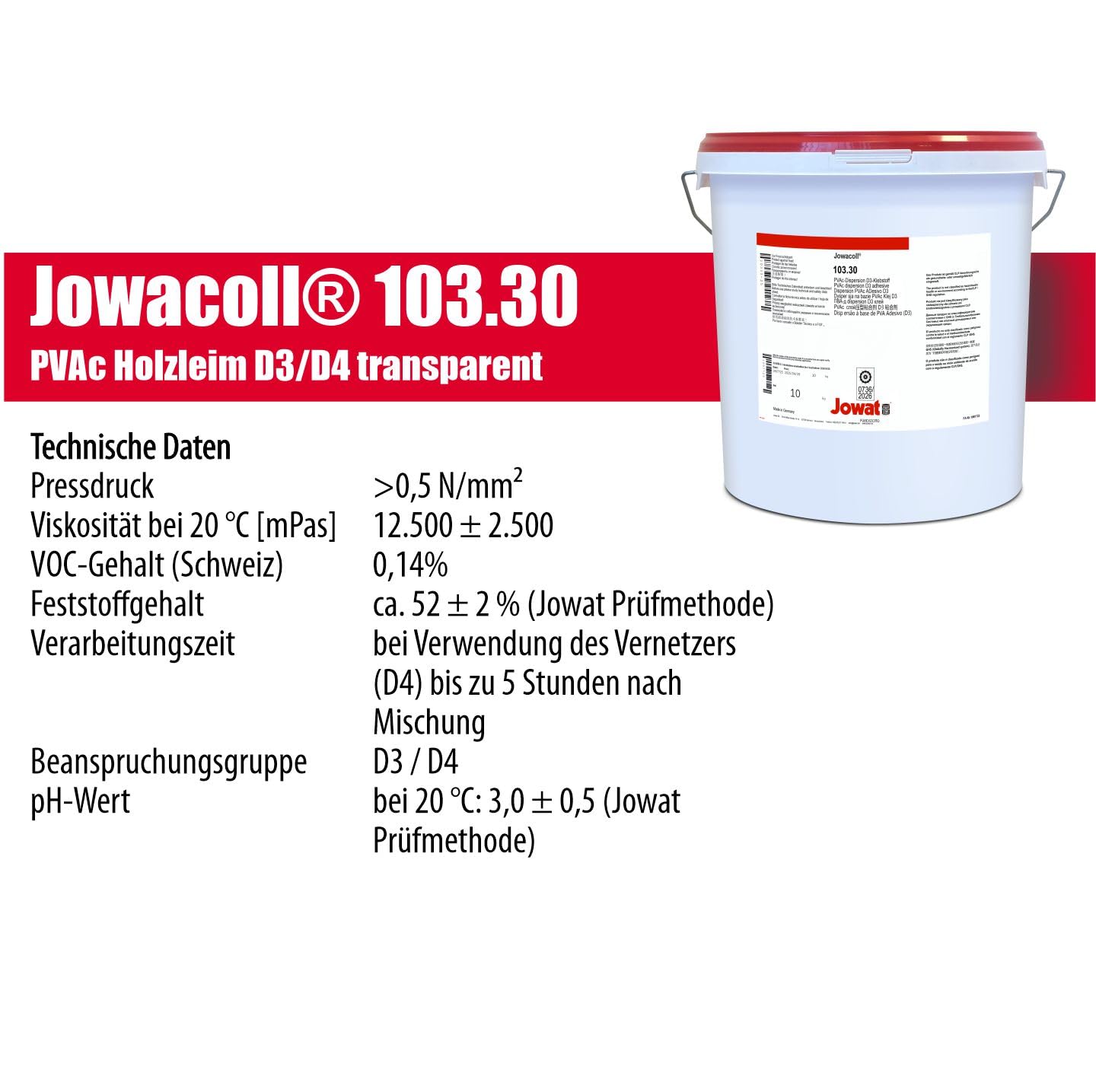 Jowat Jowacoll 103.30 10 kg Holzleim-Set inkl. Leimspachtel – Dispersionsleim D3 / D4 für Holz, Kanten, Furniere & Möbelbau – hohe Festigkeit