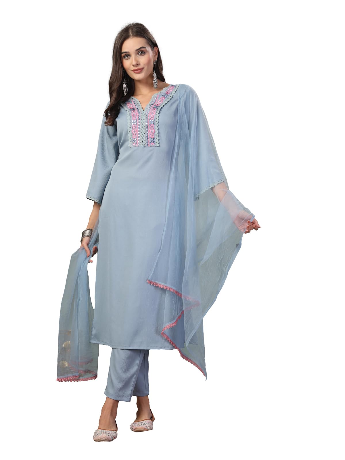 Stylum Women's Solid & Embroidered Italian Crush Straight Kurta Pant Dupatta Set (Kpdskyvooma40_Sky Blue, L)