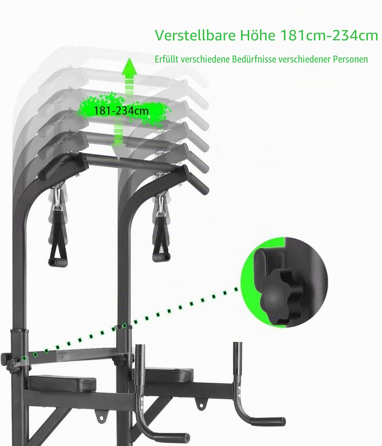 Dip Station Power Tower, Multifunktionale Kraftturm mit klappbarem Hantelbank, Klimmzugstange für Krafttrainingsgeräte für Heim-Fitnessstudio, inkl. Trainingsbänder, Ladekapazität bis zu 200KG