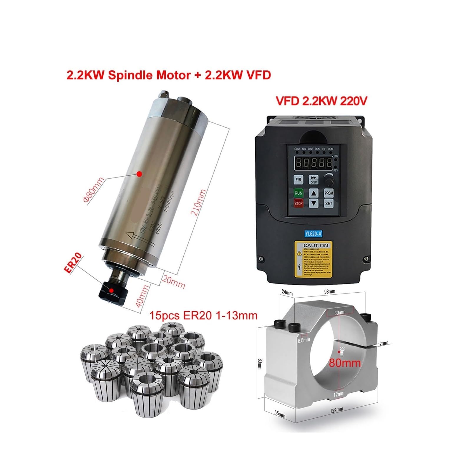CNC 2.2KW 1.5KW Convertitore di Frequenza 220V VFD Inverter Driver di Frequenza Variabile 800W 1500W 2200W Motore Mandrino ER11 ER20 Mandrino(VFD 1.5KW-1.5W Motor)