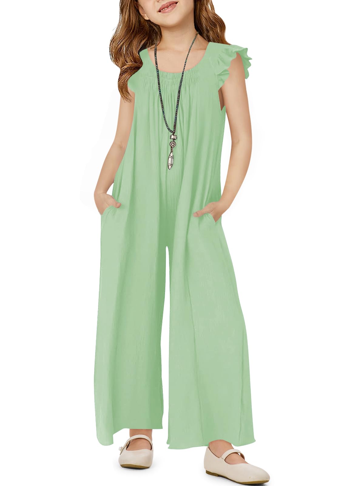 Haloumoning Girls Wide Leg Loose Jumpsuit Kids Casual Ruffle Sleeve Round Neck Romper with Pockets 5-14 Years